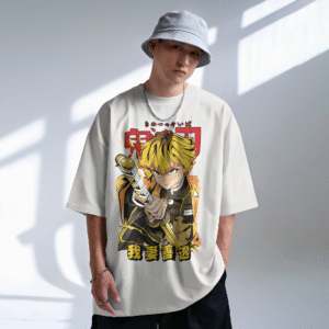Man wearing Zenitsu Agatsuma Unisex Oversized Classic T-Shirt featuring bold anime artwork from Demon Slayer with Japanese and Chinese text – anime streetwear by Mondrang