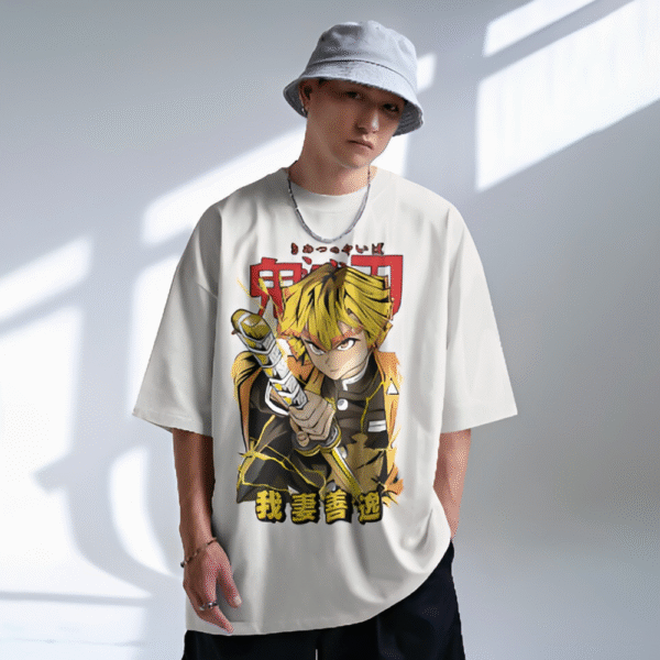 Man wearing Zenitsu Agatsuma Unisex Oversized Classic T-Shirt featuring bold anime artwork from Demon Slayer with Japanese and Chinese text – anime streetwear by Mondrang