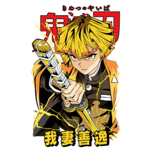 Man wearing Zenitsu Agatsuma Unisex Oversized Classic T-Shirt featuring bold anime artwork from Demon Slayer with Japanese and Chinese text – anime streetwear by Mondrang