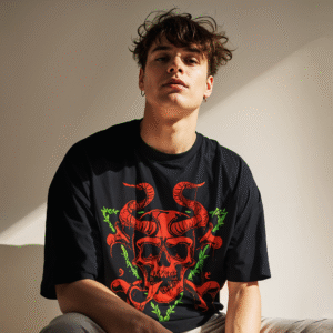 Young man wearing a black oversized t-shirt with bold red horned skull and green botanical graphic design – edgy streetwear by Mondrang