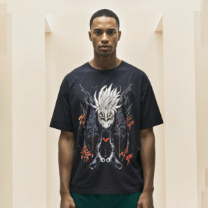 Man wearing black Unisex Oversized Classic T-Shirt Okarun graphic t-shirt featuring a white-haired anime-style character with dark fantasy elements – stylish streetwear by Mondrang