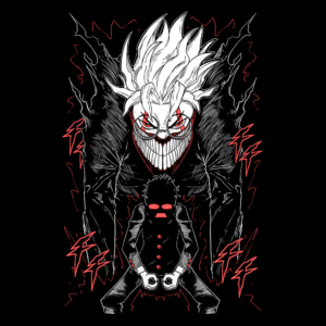 Man wearing black Unisex Oversized Classic T-Shirt Okarun graphic t-shirt featuring a white-haired anime-style character with dark fantasy elements – stylish streetwear by Mondrang